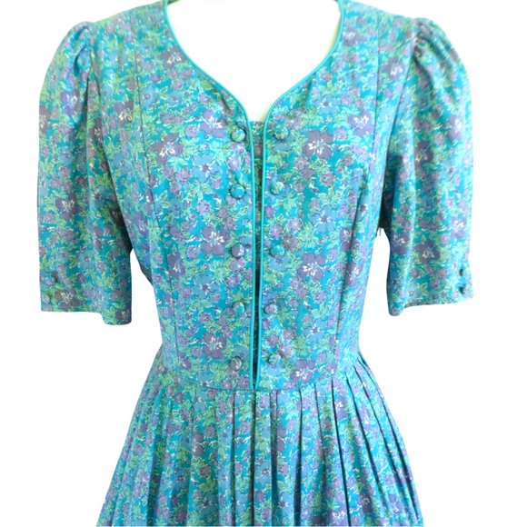 Laura Ashley Vintage Midi Blue Purple Floral Pleated Full Skirt Puff Sleeve Zip - Picture 3 of 11